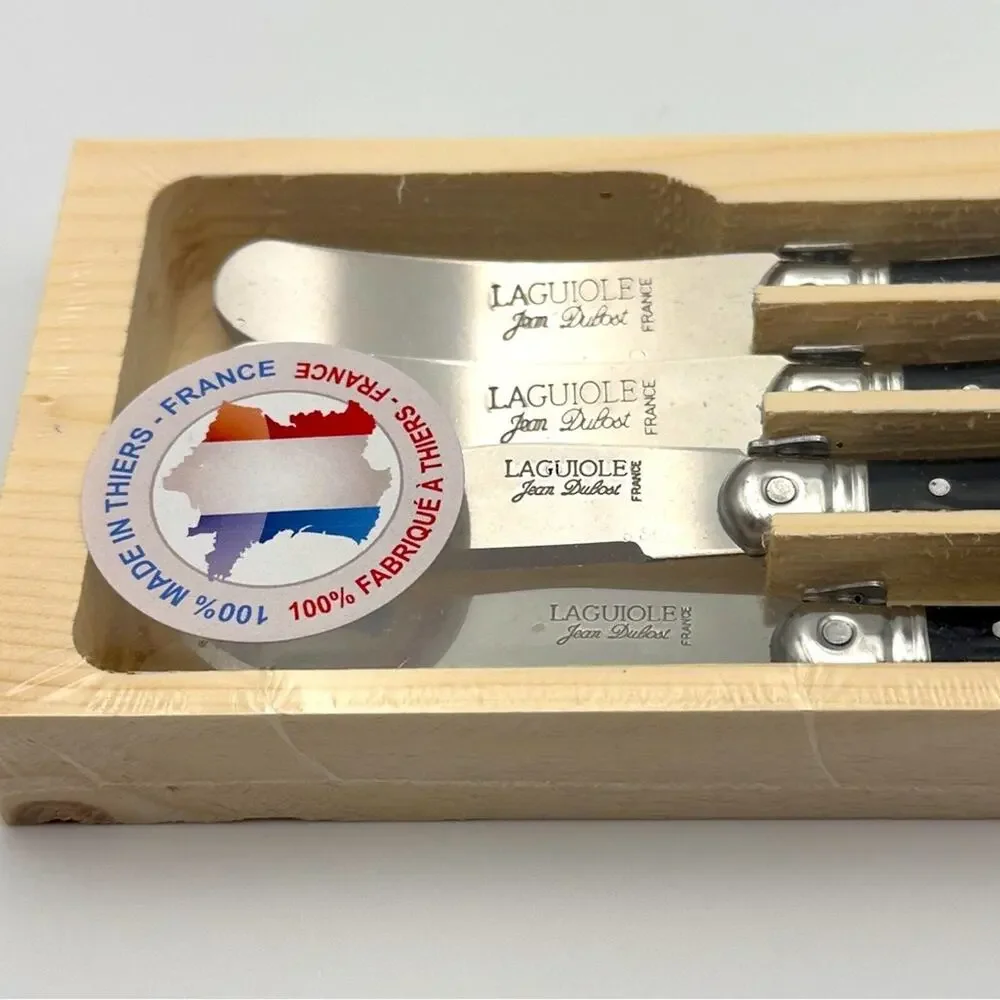 New - Laguiole Four Cheese & Appetizers Knives Black Handles Wooden Case Sealed - Picture 2 of 4